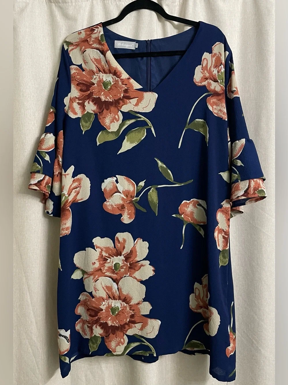 BelongSci Blue Floral Shift Dress Bell Sleeve V-Neck Size XXL